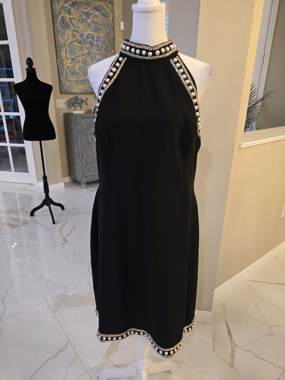 Boston Proper Black Halter Mini Dress with Pearl Trim
